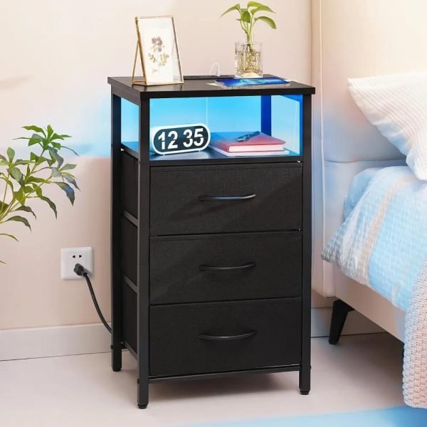 Black-Night-Stand-with-LED-Lights-Charging-Station-End-Bedside-Table-with-3-Drawers-USB-Ports Black Night Stand with LED Lights&Charging Station, End Bedside Table with 3 Drawers, USB Ports and Outlets for Bedroom Living