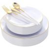 Gold Plastic Plates with Disposable Silverware, Gold Cutlery with White Handle