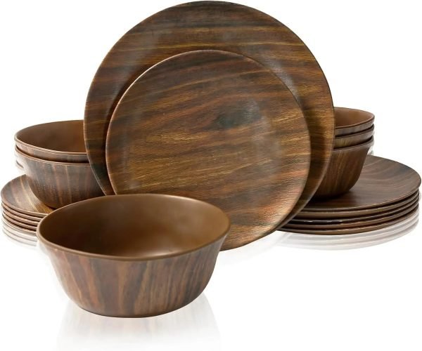 Dinnerware Sets Service for 6, Melamine Dinner Plates and Bowls Set, 18-Piece Dishes Set (Red & Black)