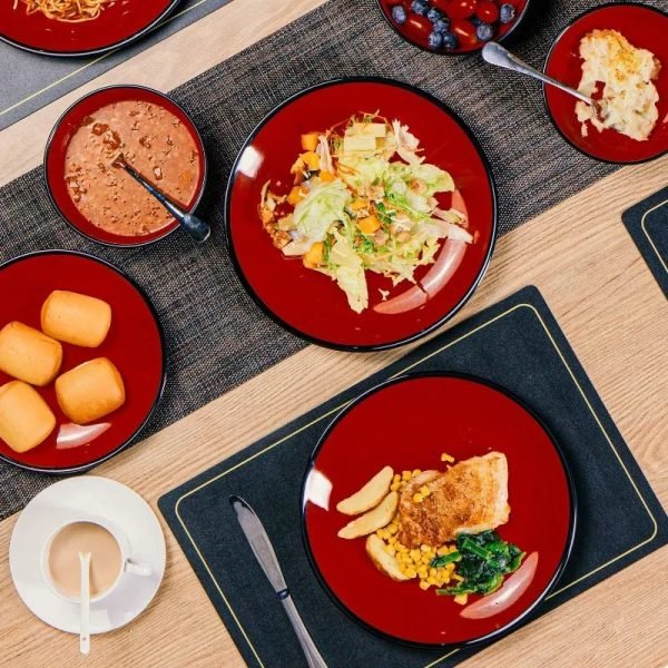 Dinnerware Sets Service for 6, Melamine Dinner Plates and Bowls Set, 18-Piece Dishes Set (Red & Black)