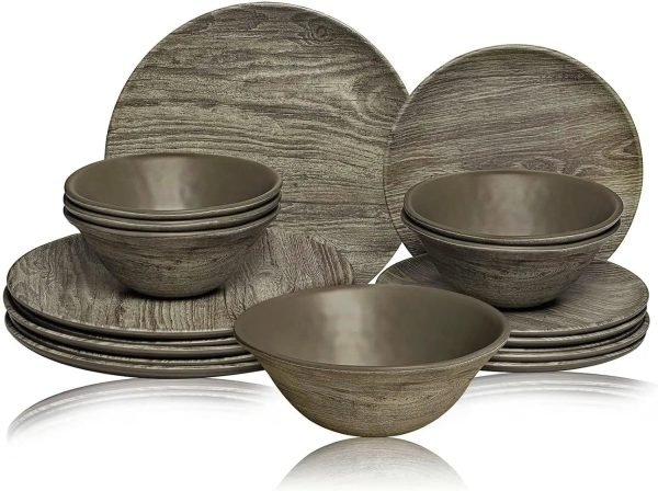 Dinnerware Sets Service for 6, Melamine Dinner Plates and Bowls Set, 18-Piece Dishes Set (Red & Black)