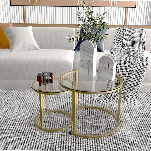 Gold Nesting Coffee Table Set of 2, Small Glass Round Nesting Tables for Living Room Bedroom, Accent Tea Table with Metal Frame