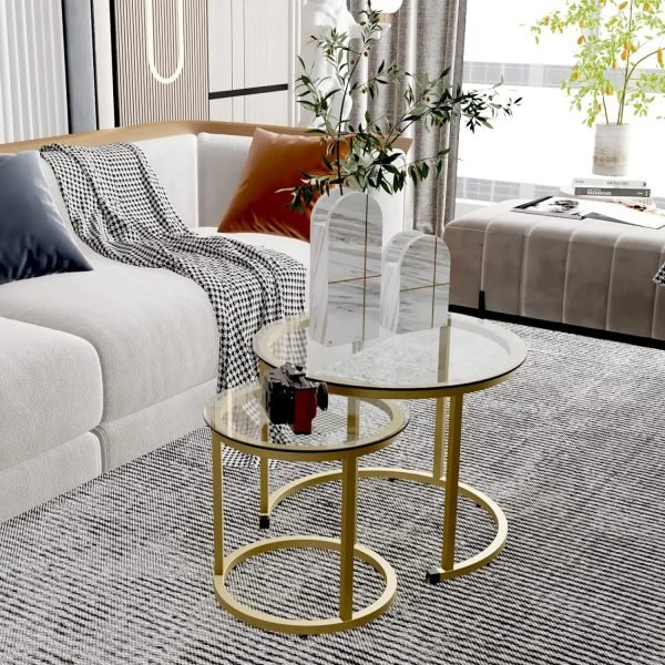 Gold Nesting Coffee Table Set of 2, Small Glass Round Nesting Tables for Living Room Bedroom, Accent Tea Table with Metal Frame