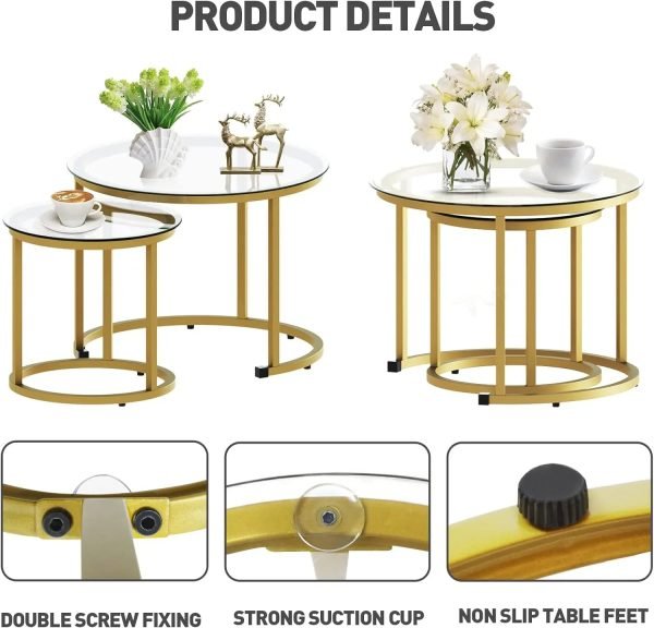Gold Nesting Coffee Table Set of 2, Small Glass Round Nesting Tables for Living Room Bedroom, Accent Tea Table with Metal Frame