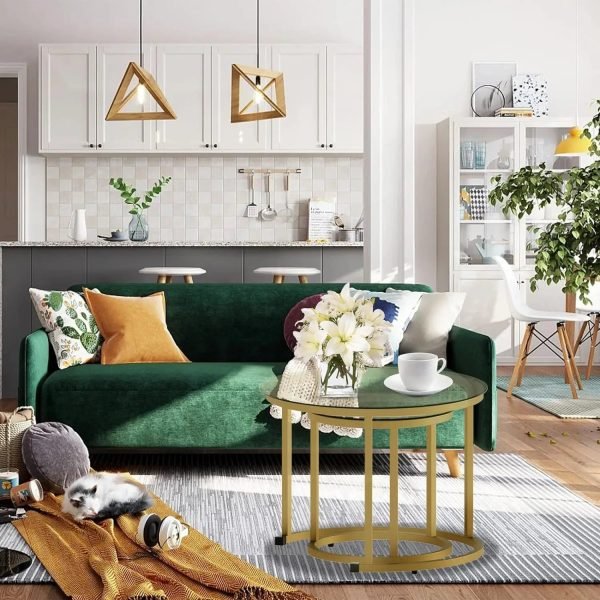 Gold Nesting Coffee Table Set of 2, Small Glass Round Nesting Tables for Living Room Bedroom, Accent Tea Table with Metal Frame