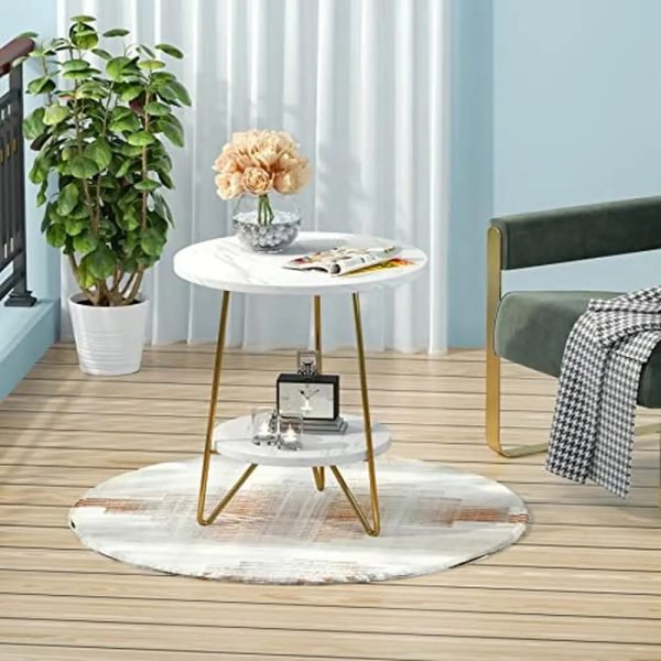 Modern Faux Marble End Table with Dual-Layer Storage Small Coffee Accent Table Living Room White and Gold Hairpin Legs Sturdy