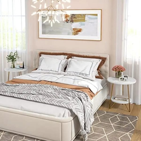 Modern Faux Marble End Table with Dual-Layer Storage Small Coffee Accent Table Living Room White and Gold Hairpin Legs Sturdy