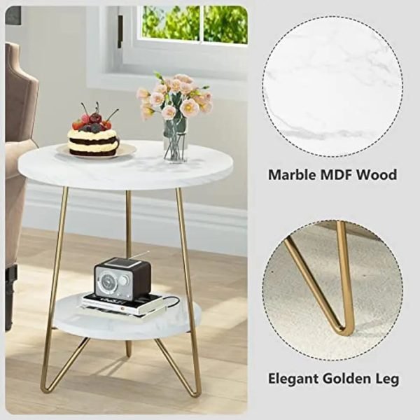 Modern Faux Marble End Table with Dual-Layer Storage Small Coffee Accent Table Living Room White and Gold Hairpin Legs Sturdy