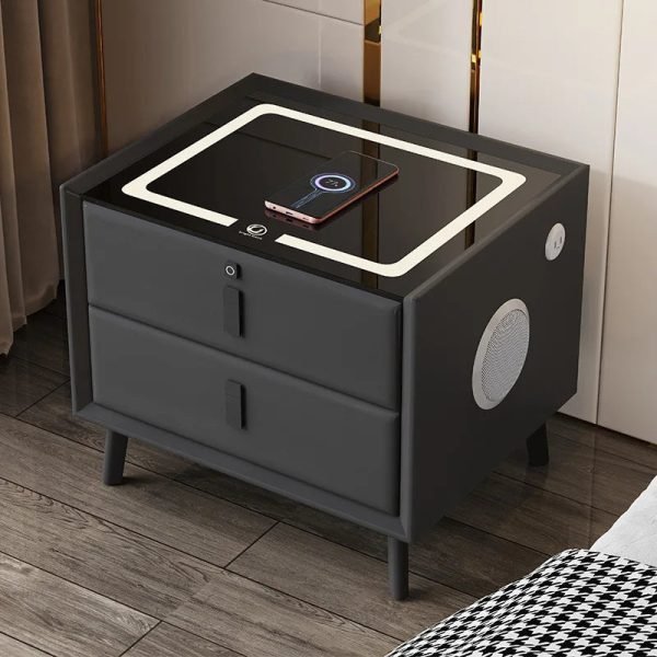 Modern Style Intelligent Bedside Table 2 Drawers Faux Leather Nightstands with Wireless Charging Bluetooth Speaker Side Cabinet