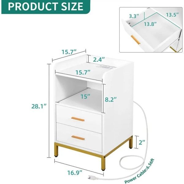 Night Stand with LED Lights and Charging Station, End Bedside Table with 2 Drawers, Open Storage, USB Ports and Outlets