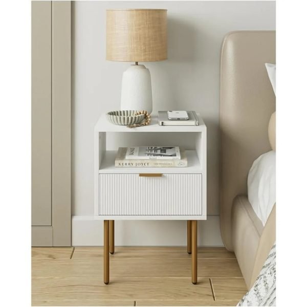 Nightstand,Small Bedside Table with Gold Frame,White Night Stand,Bedside Furniture,Side Table with Drawer and Shelf for Bedroom