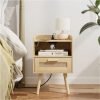 Nightstand with Charging Station,Bedside Table with PE Rattan Decor Drawer,Rattan Night Stand with Solid Wood Legs