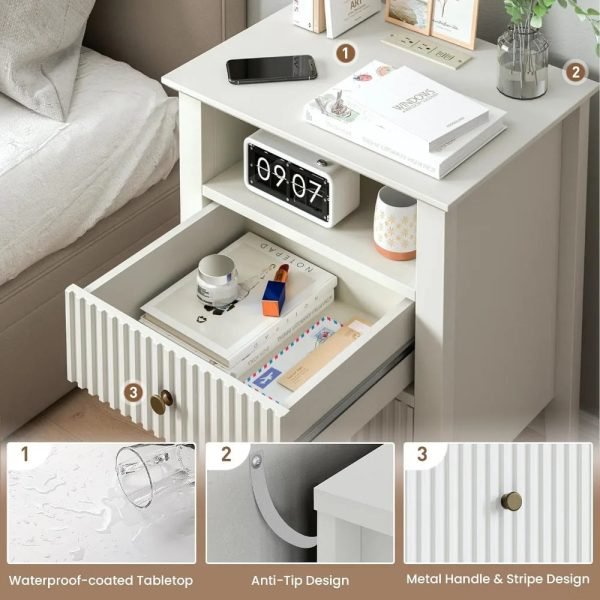 Nightstand with Charging Station, Sofa Table with 2 Drawers Cabinet, Tall End Tables with Wooden Fluted-Design, Nightstand