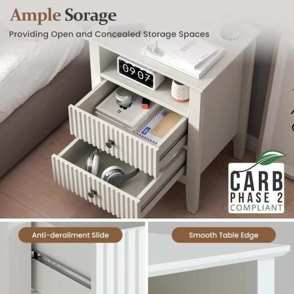 Nightstand with Charging Station, Sofa Table with 2 Drawers Cabinet, Tall End Tables with Wooden Fluted-Design, Nightstand