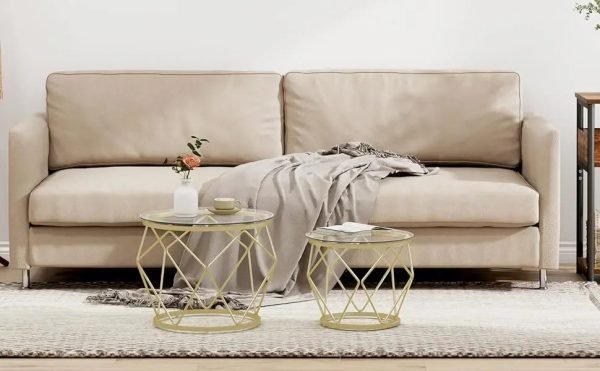 Gold Coffee Table, Round End Table Set of 2, Coffee Table with Metal Frame and Tempered Glass Top, Modern Accent Side Table