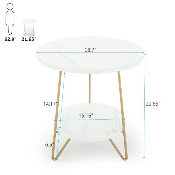 Faux Marble End Table, 2 Tier Round Side Table with Shelves, Modern Gold Nightstand Bedside Table Small Coffee Table