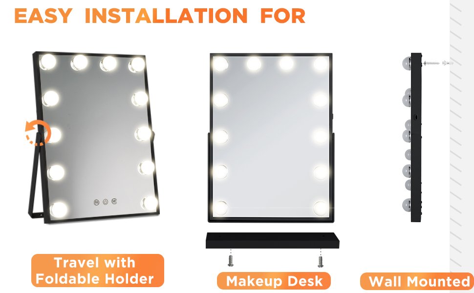 vanity mirror with easy installation for makeup desk wall and travel HVM12BSBK A+