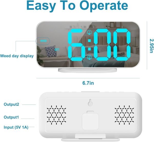 ALANAS Digital Alarm Clock with Dual Alarms, Mirror LED Bedroom Alarm Clocks for Kids, Adjustable Brightness, Snooze, 2 USB Ports for Cellphone Charging, 12/24 Hour Display.