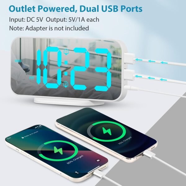 ALANAS Digital Alarm Clock with Dual Alarms, Mirror LED Bedroom Alarm Clocks for Kids, Adjustable Brightness, Snooze, 2 USB Ports for Cellphone Charging, 12/24 Hour Display.