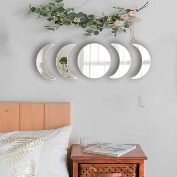 5 Pieces Acrylic Mirror Wall Stickers Natural Wall Decor Self Adhesive Mirrors Stickers Moon Phase Mirror Bohemian Wall Decoration for Home Living Room Bathroom Bedroom Decor (20cm)