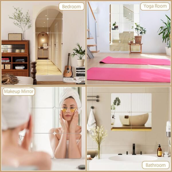 Self Adhesive Acrylic Mirror, Mirror Tiles,Flexible Plastic Mirror Sheets Wall Stickers,2MM Thick Mirror,Frameless Small Mirror, 4 Pack ( 8 x 8 Inches)