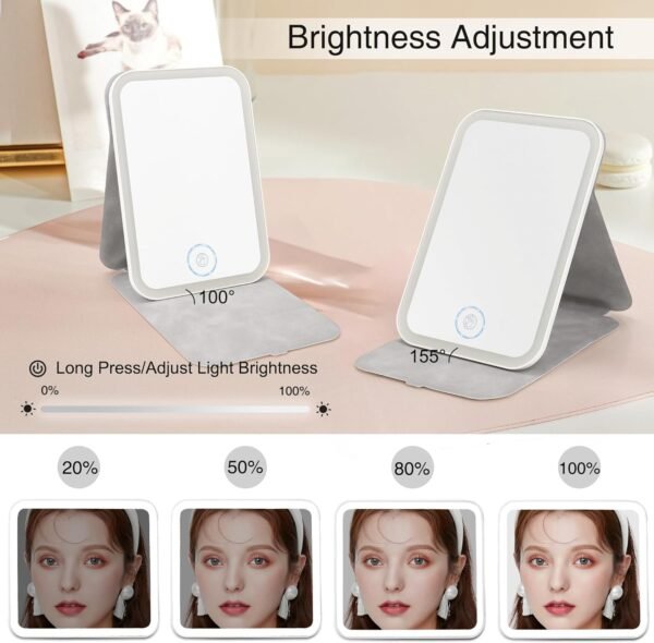Rechargeable Travel Makeup Mirror with 80 LED Lights, Portable Lighted Makeup Mirror, 3 Color Dimmable Lighting Vanity Mirror, 360° Rotation Touch Screen Compact Tabletop Folding Cosmetic Mirror Mini