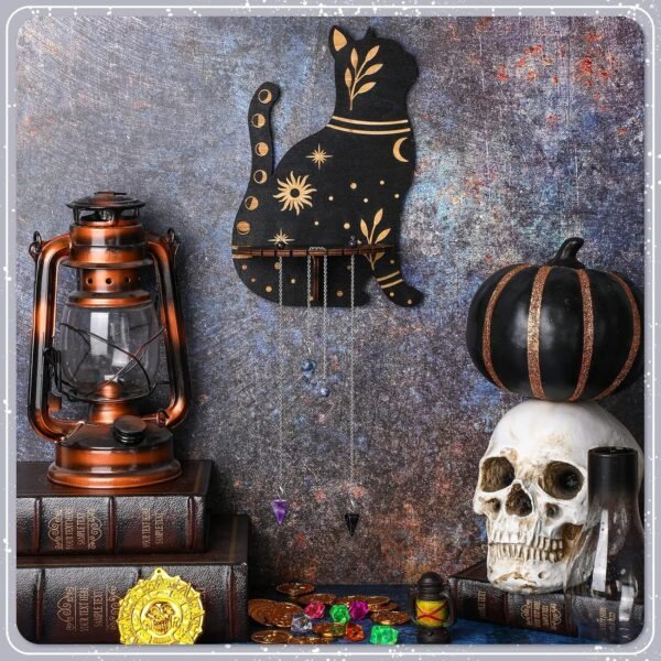 Cute Wall Shelf Wooden Crystal Shelf with 3 Crystals Stones Wall Mounted Crystal Display Shelf Decorative Crystal Wall Shelf Crystal Organizer Floating Shelves for Living Room Bathroom Decor (Cat)