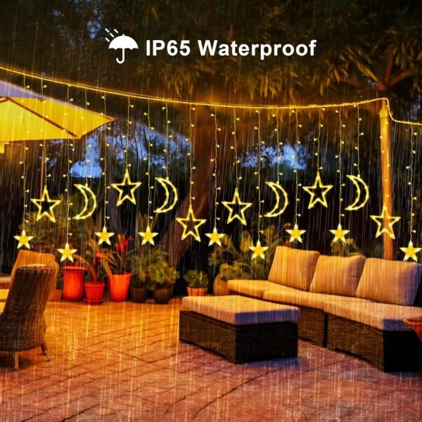Solar Curtain Lights 138*LEDs, Star Moon Ramadan String Lights with 8 Lighting Mode, Timmer Setting, Ramadan Decorations, Waterproof Solar Powered Twinkle Hanging Fairy Lights for Outdoor
